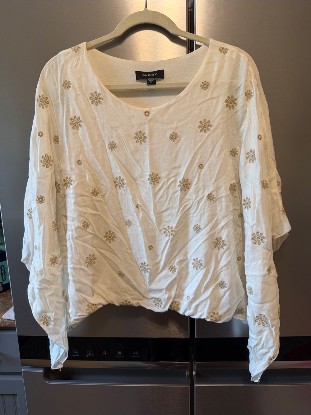 Karen Kane Cream Blouse with Gold Floral Embroidery